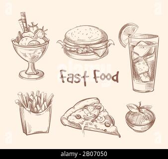 Vecteur Fast food défini dans un style d'esquisse dessiné à la main. Hamburger et hamburgers, illustration de la pizza et de la crème glacée Illustration de Vecteur