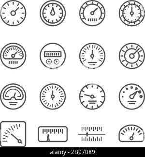 Indicateurs de vitesse de l'horloge mesure les icônes de vecteur de ligne. Illustration de l'indicateur de pression et du compteur de vitesse Illustration de Vecteur