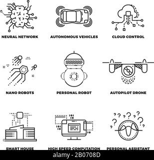 Intelligence artificielle ai robot des icônes de ligne mince. Réseau neuronal et véhicule autonome, contrôle du cloud et drone du pilote automatique. Illustration vectorielle Illustration de Vecteur