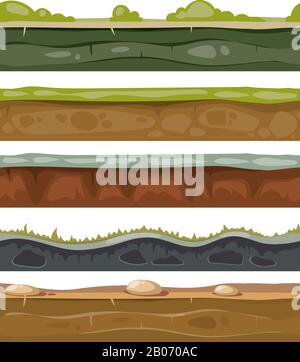 Sols et herbe sans soudure pour jeu d'interface utilisateur de couches vectorielles. Niveau interminable de dessin animé pour l'interface graphique avec l'illustration de la pierre et de la pelouse verte Illustration de Vecteur