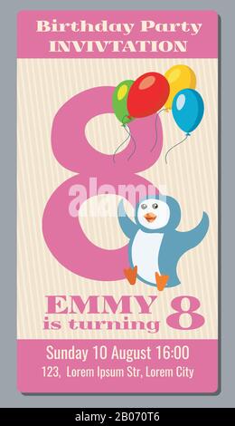 Billet vectoriel pour invitation à la fête d'anniversaire avec un pingouin drôle pour les enfants de 8 ans. Événement d'anniversaire avec illustration des pingouins de caractère Illustration de Vecteur