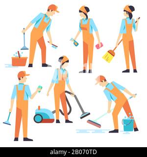 Personnel de nettoyage dans différentes positions. Illustration vectorielle. Service de nettoyage, aspirateur et lavage Illustration de Vecteur