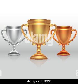 Coupe des gagnants or, argent et bronze, goblet Vector. Jeu de trophées de sport sur l'illustration des gagnants Illustration de Vecteur