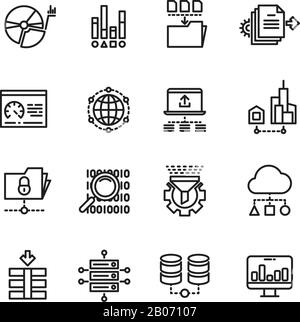 La technologie Big Data Cloud Data offre des icônes vectorielles de ligne mince. Base de données dans le dossier, serveur avec illustration d'informations Illustration de Vecteur