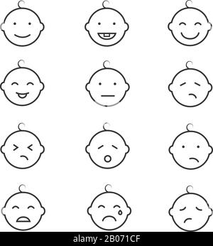 Bébé sourire bébé visage bébé émoticônes icônes vectorielles. Illustration du rire et du cri de l'enfant Illustration de Vecteur