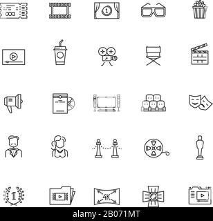 Cinéma, cinéma, film, télévision en 3 dimensions, lignes vectorielles minces. Illustration de la cinématographie conceptuelle et de la production vidéo Illustration de Vecteur