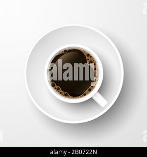 Tasse à café noir et soucoupe réalistes avec vue de dessus isolée sur fond blanc. Illustration vectorielle Illustration de Vecteur