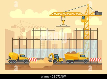 Processus de construction de bâtiments, outils d'ingénierie, matériaux, équipement de construction illustration plate vectorielle. Bulldozer et pelle hydraulique Illustration de Vecteur