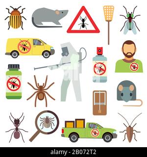 Accueil service de lutte antiparasitaire plates icônes vectorielles définies. Protection contre les insectes et l'illustration de cafard Illustration de Vecteur