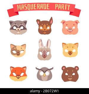 Animaux party masques vecteur jeu. Illustration des chats et des ours, des chouettes et des renards Illustration de Vecteur