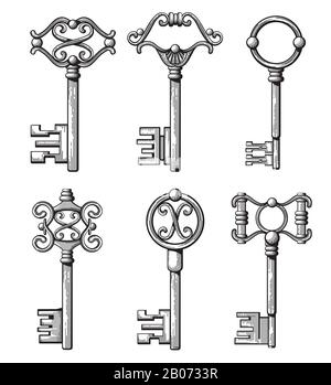 Touches médiévales vintage, illustration vectorielle des tombes anciennes. Clé en filigrane pour l'accès et ouvrir la porte Illustration de Vecteur