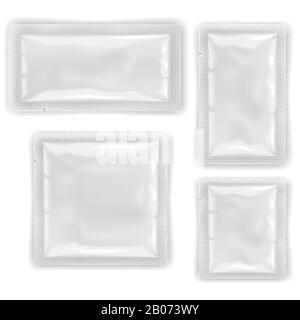 Feuille vide blanche, emballage en plastique pour cosmétiques et modèles vectoriels alimentaires, emballage scellé pour lingettes ou illustration de préservatifs Illustration de Vecteur