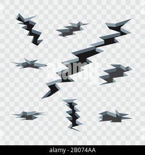 Fissures de dessin animé dans le sol isolées sur un ensemble vectoriel d'arrière-plan à damier transparent. Tremblement de terre et fente sur l'illustration de surface Illustration de Vecteur