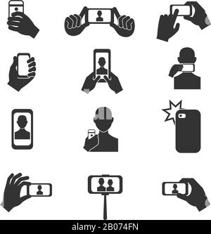 Les icônes de vecteur photo selfie sont définies. Photographie avec utilisation du smartphone et illustration du bâton Illustration de Vecteur