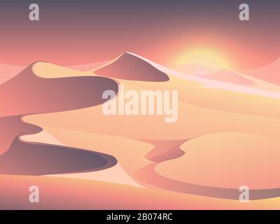 Désert coucher de soleil paysage vectoriel avec dunes de sable. Lever du soleil dans l'illustration de la vallée de sable Illustration de Vecteur