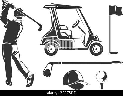 Éléments de golf vintage vectoriels pour étiquettes, emblèmes, insignes et logos. Lecteur et accessoires pour l'illustration de jeux Illustration de Vecteur