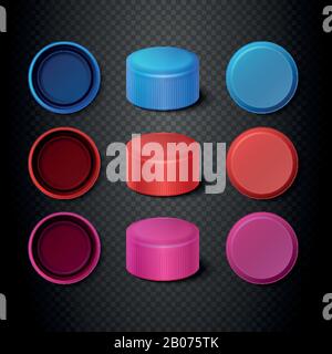 Kit vectoriel de bouchons de bouteilles en plastique multicolore. Maquettes de couvercles pour illustration de fermeture Illustration de Vecteur