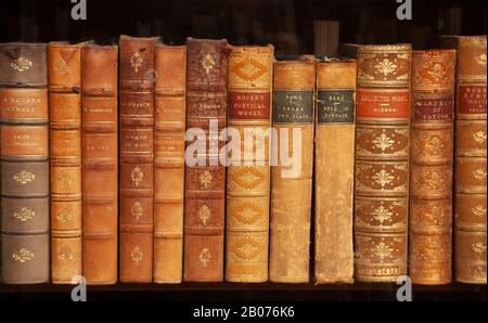 Une rangée de vieux livres poussiéreux et portés dans une fenêtre de magasin. Banque D'Images