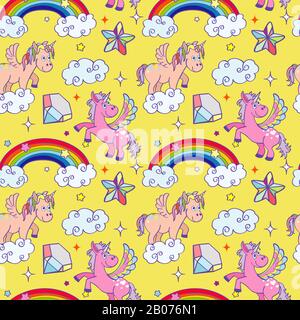 Miracle unicorn assistant sans couture arrière-plan. Poney mignon avec arc-en-ciel couleur. Illustration vectorielle Illustration de Vecteur