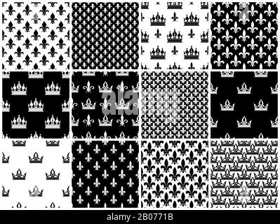 Couronnes vectorielles et motifs sans couture fleur de lis, définis en blanc noir. Décoration de papier peint avec illustration de couronne Illustration de Vecteur