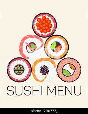 Modèle de logo de menu de sushis du restaurant japonais. Menu asiatique avec rouleau, illustration vectorielle Illustration de Vecteur