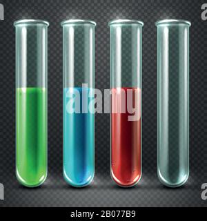 Tubes à essai vectoriels remplis de liquides de différentes couleurs et de sang. Récipients en verre pour l'illustration de la recherche Illustration de Vecteur