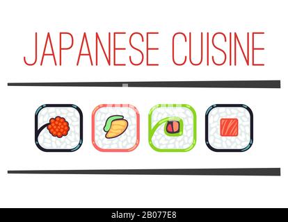 Modèle de logo du restaurant de cuisine japonaise. Menu traditionnel de fruits de mer, illustration vectorielle Illustration de Vecteur