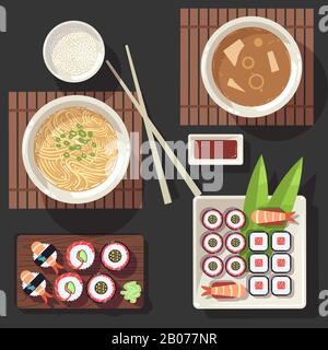 Set d'illustrations vectorielles de cuisine japonaise. Cuisine traditionnelle au restaurant japonais Illustration de Vecteur