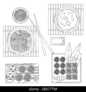 Dessin vectoriel japonais des contours alimentaires en noir et blanc. Illustration du croquis de la cuisine traditionnelle du restaurant Illustration de Vecteur