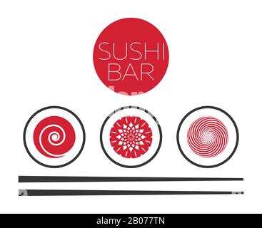 Modèle vectoriel abstrait de logo de nourriture de bar à sushis. Fruits de mer asiatiques, illustration fraîche Illustration de Vecteur