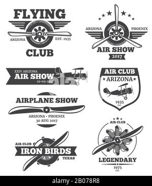 Badges d'aviation vectoriels, emblèmes du club avia, logos d'avion. Plan rétro avec hélice, illustration de l'emblème de l'étiquette de spectacle aérien Illustration de Vecteur