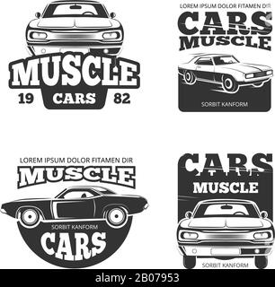 Voiture de muscle classique vecteur vintage. Modèle d'étiquettes, logo, emblèmes, badges pour l'illustration du garage et du moteur de réparation Illustration de Vecteur