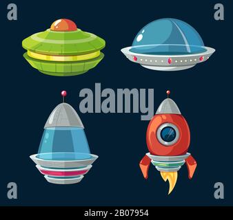 Jeu de bandes dessinées pour ordinateur spatial et smartphone. OVNI et navette pour l'illustration du vol spatial et de l'exploration Illustration de Vecteur