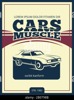 Affiche vectorielle vintage avec voiture rétro 70 s. Illustration de la bannière de voiture musculaire Illustration de Vecteur