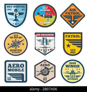 Jet militaire, aviation, étiquettes vectorielles de force aérienne, badges patch, emblèmes et logos. Protection de badge avec illustration d'aile Illustration de Vecteur