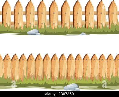 Clôtures en bois avec herbe et pierres. Fond de dessin animé vectoriel transparent, Fence pour l'illustration de la maison de campagne Illustration de Vecteur