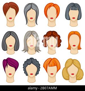 Collection de coiffures vectorielles pour cheveux de dessins animés pour femme. Coupe de cheveux de mode, illustration tendance de coiffure Illustration de Vecteur