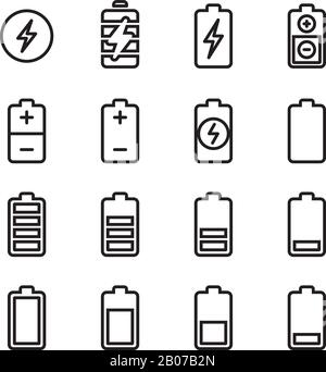 Batterie électrique, téléphone charge des icônes vectorielles de ligne fine. Alimentation électrique, illustration du chargeur de niveau d'accumulateur Illustration de Vecteur