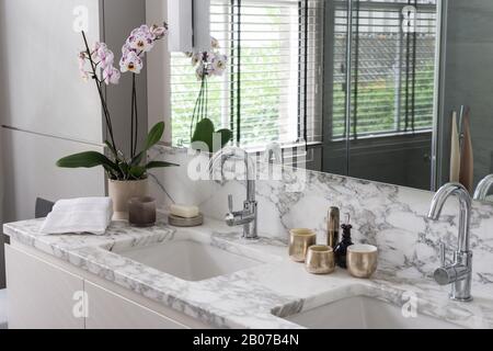 Meuble-lavabo en marbre avec orchidée Banque D'Images