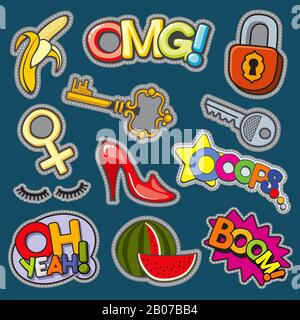 Badges de patch de mode de style fille des années 80 à 90 ensemble vectoriel. Pastèque et chaussures, illustration de la clé et de la serrure Illustration de Vecteur