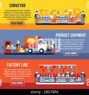 Convoyeur d'automatisation ligne d'usine avec banderoles horizontales robotisées vecteur jeu. Illustration de l'expédition et de la distribution, de la logistique et de la production des procédés Illustration de Vecteur