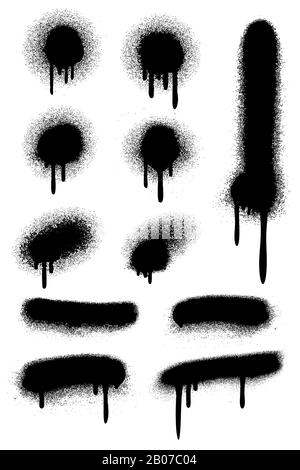 Peinture de pulvérisation noire avec gouttes de peinture isolées sur un jeu de vecteurs blancs. Illustration de la saleté de l'encre de coloration Illustration de Vecteur