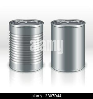 Conteneur de produits métalliques vierges, boîtes en étain isolées sur fond transparent à damier. Maquettes vectorielles. Produit de banque en acier pour l'alimentation, illustration fermée en aluminium tincan Illustration de Vecteur