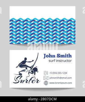 Modèle de carte de visite de l'instructeur de surf des deux côtés. Entreprise de surf. Illustration vectorielle Illustration de Vecteur