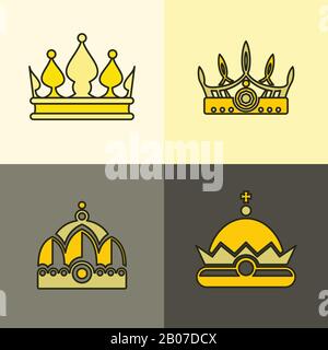 Icônes de couronne jaune sur fond marron. Ensemble de couronnes plates dorées. Illustration vectorielle Illustration de Vecteur