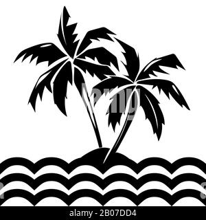 Île tropicale et palmiers. Plante isolée de silhouette d'été, illustration vectorielle Illustration de Vecteur