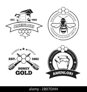 Apiculteur rétro, emblèmes vectoriels miel, logos en noir isolé. Illustration de style vintage linéaire en nid d'abeilles Illustration de Vecteur