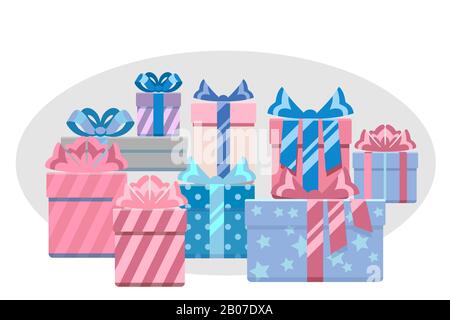 Tas de boîtes cadeaux pour Noël et anniversaire de vacances. Illustration vectorielle Illustration de Vecteur