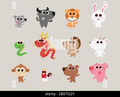 Les animaux du zodiaque sont mignons et plats de style dessin animé debout et sourire. Positions étoiles. Calendrier de l'année. Illustration de Vecteur