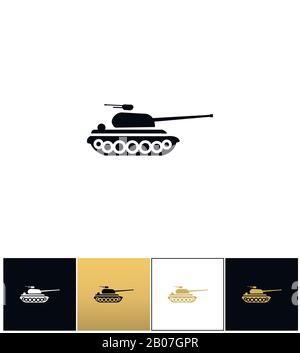 Panneau de char militaire ou icône de vecteur d'artillerie de guerre contre les incendies. Panneau du réservoir militaire ou pictogramme d'artillerie de guerre contre les incendies sur fond noir, blanc et or Illustration de Vecteur